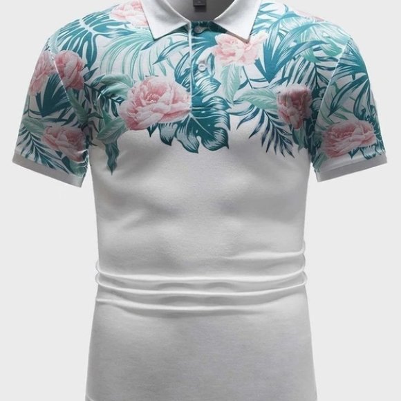 undefined Other - Casual White Men's Tropical Print Polo Shirt